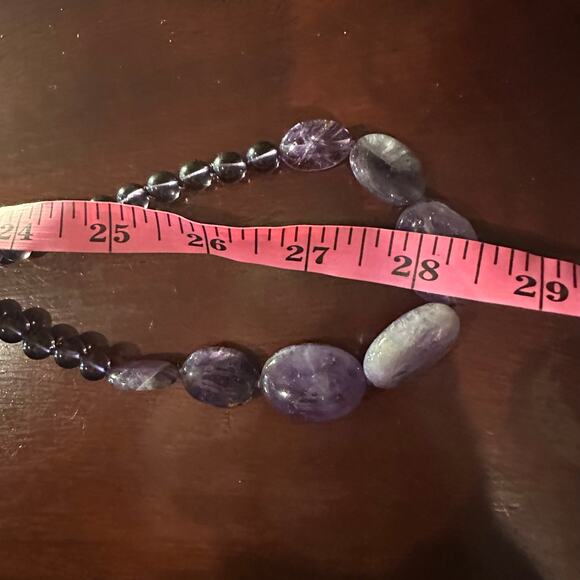 Purple Amethyst Beaded Necklace Very Long Round Beads Flat Stone Unique - Picture 7 of 12